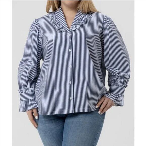 Harshman Women’s Size 3X Fuella Ruffled Button-Down  NavyStripes NWT - Picture 1 of 3